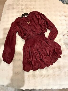 Satin Burgundy Long Sleeve Smocked Waist Mini Dress